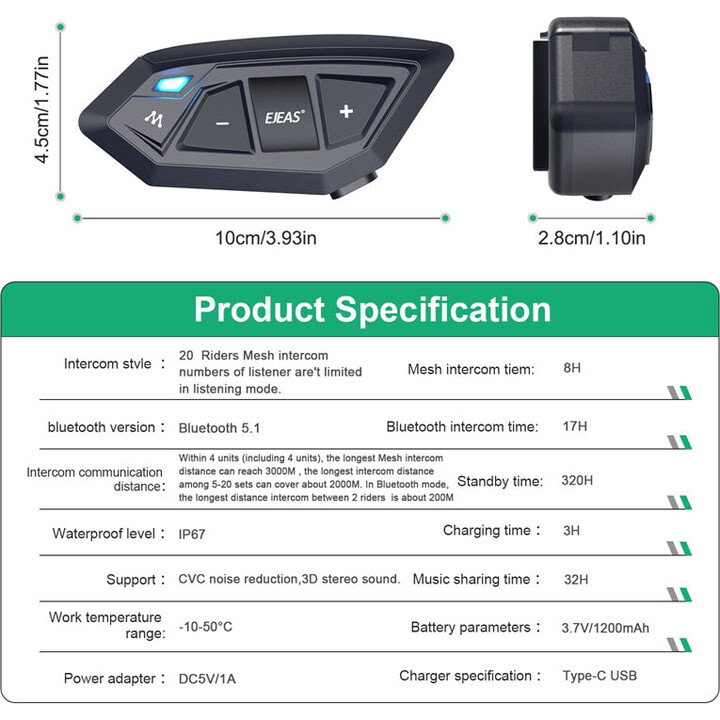 Motorcycle Intercom EJEAS MS20 Bluetooth Black