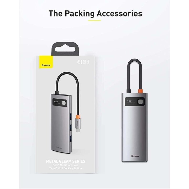 Baseus Metal Gleam Series 4 em 1 USB-C Hub Docking Station para Mobile Tablet/Smartphone Prata