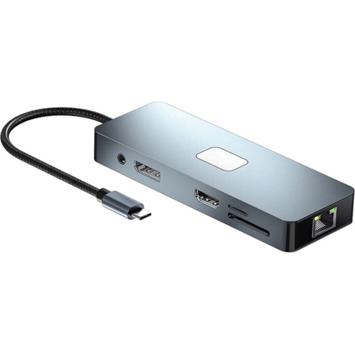 Hub BYL-2309 11 em 1 USB tipo C para HDMI/USB tipo C/VGA/RJ45/USB3.2/3,5 mm Jack/PD100W Prata