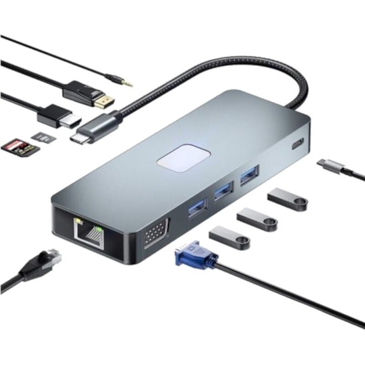 Hub BYL-2309 11 em 1 USB tipo C para HDMI/USB tipo C/VGA/RJ45/USB3.2/3,5 mm Jack/PD100W Prata