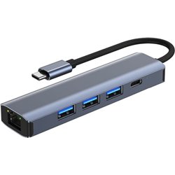Hub USB BYL-2302 5 en 1 USB Tipo-C/USB 3.0+Tipo C 100W+RJ45 Gris