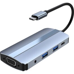 Hub USB BYL-2105 8 em 1 USB-C /USB 3.0+2.0+USB Tipo C+VGA+HDMI+microSD+TF Prata