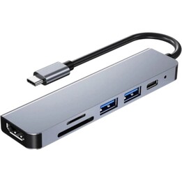 Hub USB BYL-2010 6 en 1 USB Tipo-C/HDMI+USB 3.0+USB 2.0+Tipo C+microSD+TF Gris