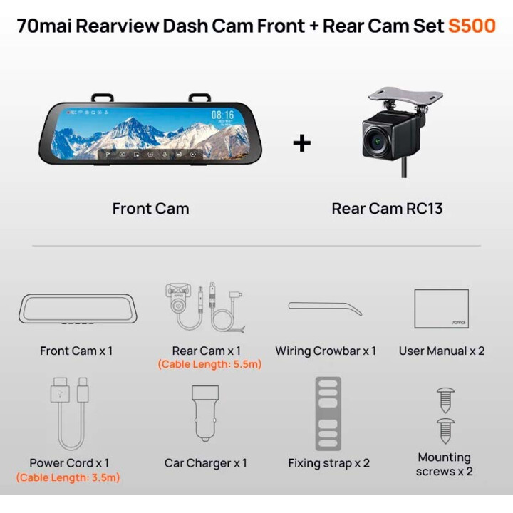 Kit de Câmaras para Carro 70mai S500 Retrovisor Dash Cam + Câmara Traseira RC13