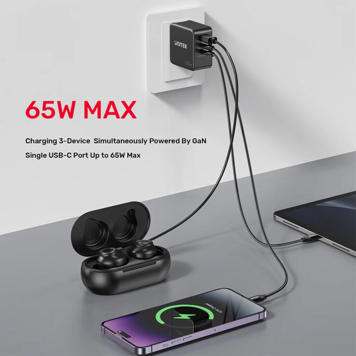 Unitek GaN PD 65W 2X USB-C USB-A 3 Anschlüsse schwarz