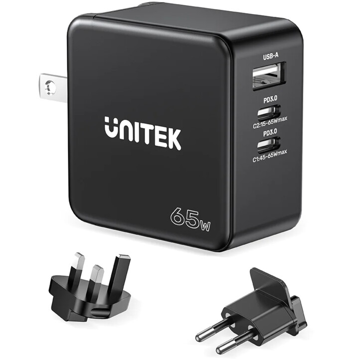 Unitek GaN PD 65W 2X USB-C USB-A 3 Anschlüsse schwarz