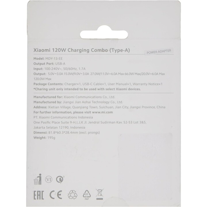 Xiaomi Charging Combo Caricatore rapido USB-A da 120 W + cavo dati USB-C Bianco MDY-13-EE