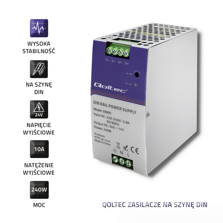 Qoltec 50997 Fuente de alimentación en carril DIN | 240W | 24V | 10 A