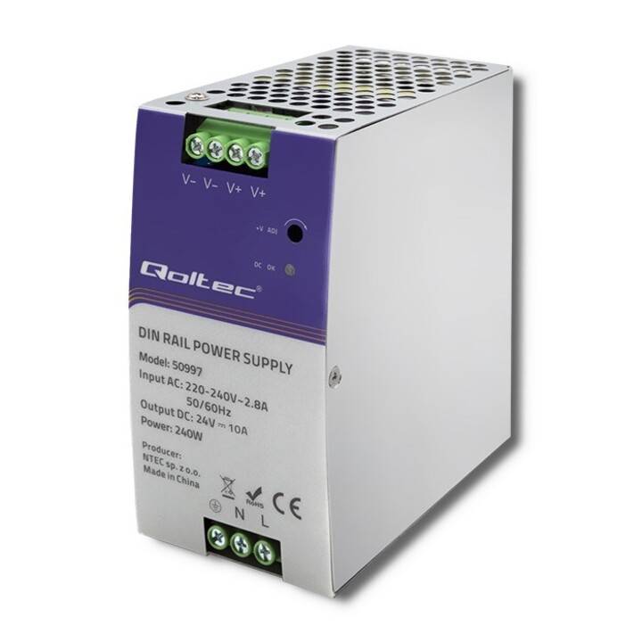 Fonte de alimentação em trilho DIN Qoltec 50997 | 240W | 24V | 10A
