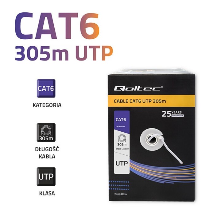 Qoltec 50359 UTP Network Cable | CAT6 | 305m | gray PVC