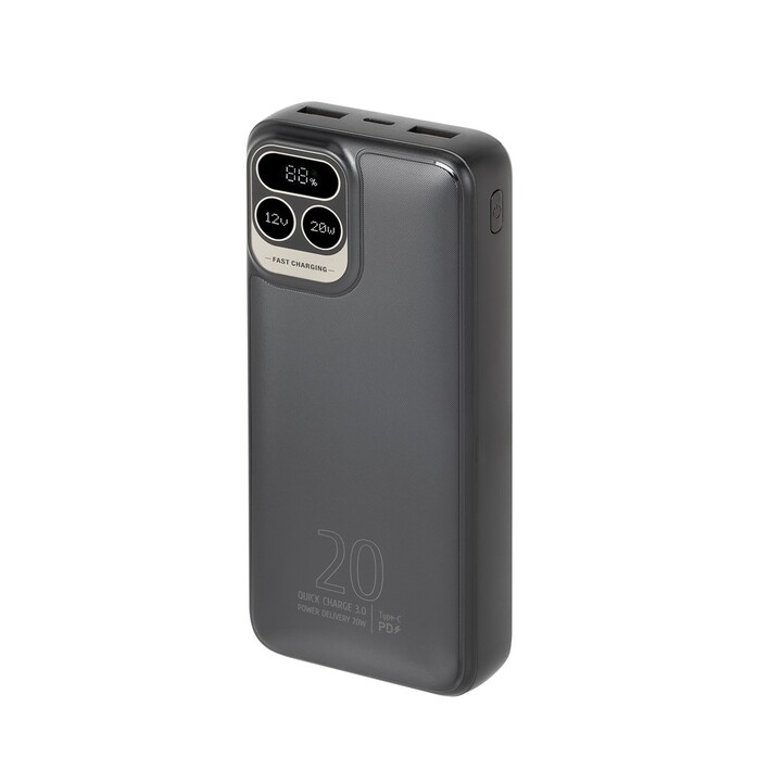 Powerbank RIVACASE 20000 mAh USB-C 20W + LCD negro (1x I/O USB-C PD 18W / PD 20W, 2x USB-A QC 3.0 18W, LCD, negro)