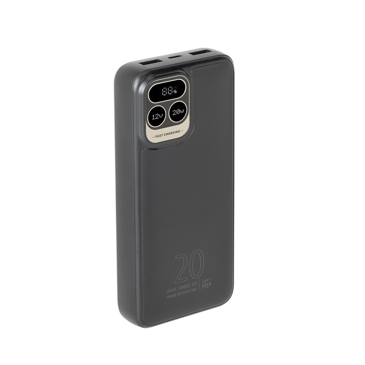 RIVACASE Powerbank 20000 mAh USB-C 20W + LCD Schwarz (1x I/O USB-C PD 18W / PD 20W, 2x USB-A QC 3.0 18W, LCD, Schwarz )