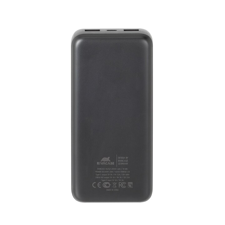 RIVACASE Powerbank 20000 mAh USB-C 20W + LCD Schwarz (1x I/O USB-C PD 18W / PD 20W, 2x USB-A QC 3.0 18W, LCD, Schwarz )