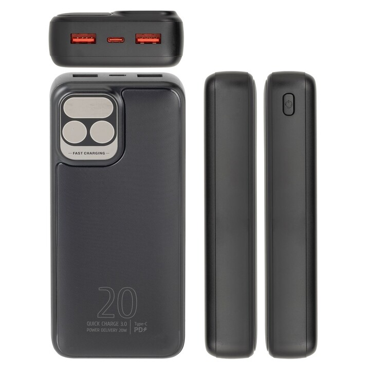RIVACASE Powerbank 20000 mAh USB-C 20W + LCD Schwarz (1x I/O USB-C PD 18W / PD 20W, 2x USB-A QC 3.0 18W, LCD, Schwarz )