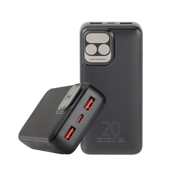 Powerbank RIVACASE 20000 mAh USB-C 20W + LCD negro (1x I/O USB-C PD 18W / PD 20W, 2x USB-A QC 3.0 18W, LCD, negro)