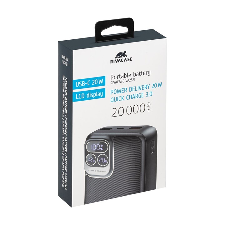 Powerbank RIVACASE 20000 mAh USB-C 20W + LCD negro (1x I/O USB-C PD 18W / PD 20W, 2x USB-A QC 3.0 18W, LCD, negro)