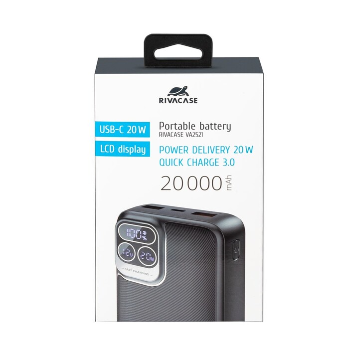 Powerbank RIVACASE 20000 mAh USB-C 20W + LCD negro (1x I/O USB-C PD 18W / PD 20W, 2x USB-A QC 3.0 18W, LCD, negro)