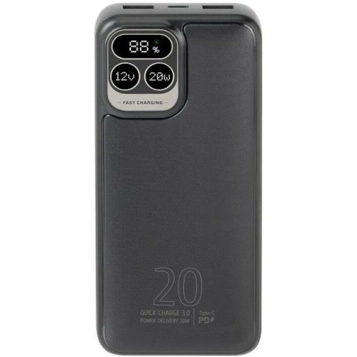 Powerbank RIVACASE 20000 mAh USB-C 20W + LCD negro (1x I/O USB-C PD 18W / PD 20W, 2x USB-A QC 3.0 18W, LCD, negro)