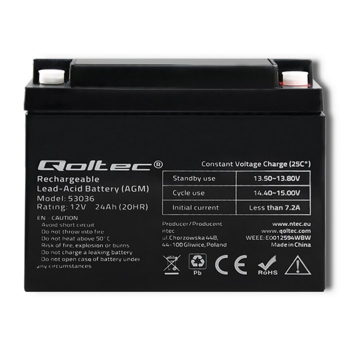 Qoltec 53036 AGM Battery | 12V | 24Ah | max 360A