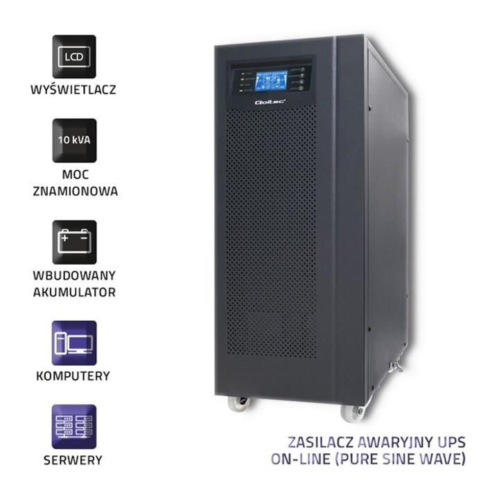 Qoltec 53044 Sistema de alimentación ininterrumpida UPS | En línea | Onda sinusoidal pura | 10kVA | 8kW | LCD | USB