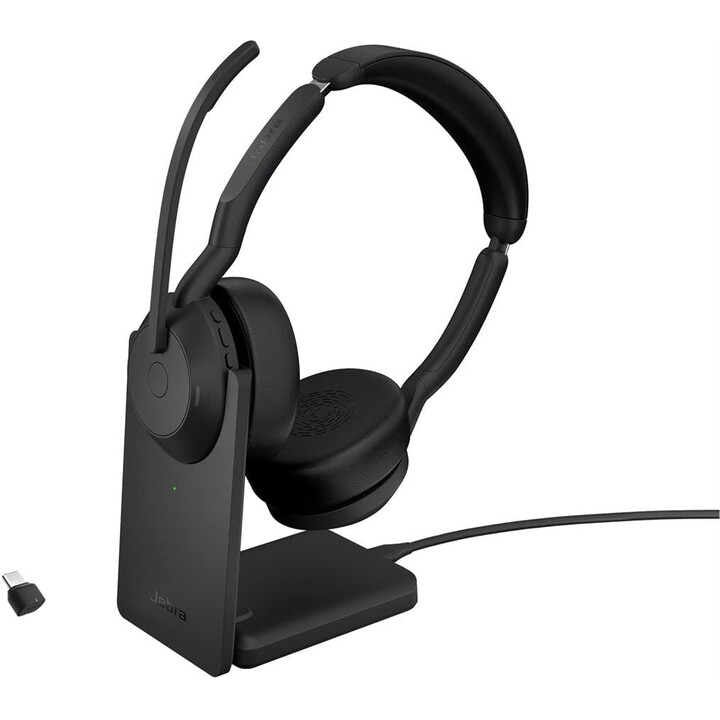 Fone de ouvido estéreo Jabra Evolve2 55 UC na orelha (Bluetooth, sem fio, USB-C, estação de carregamento)