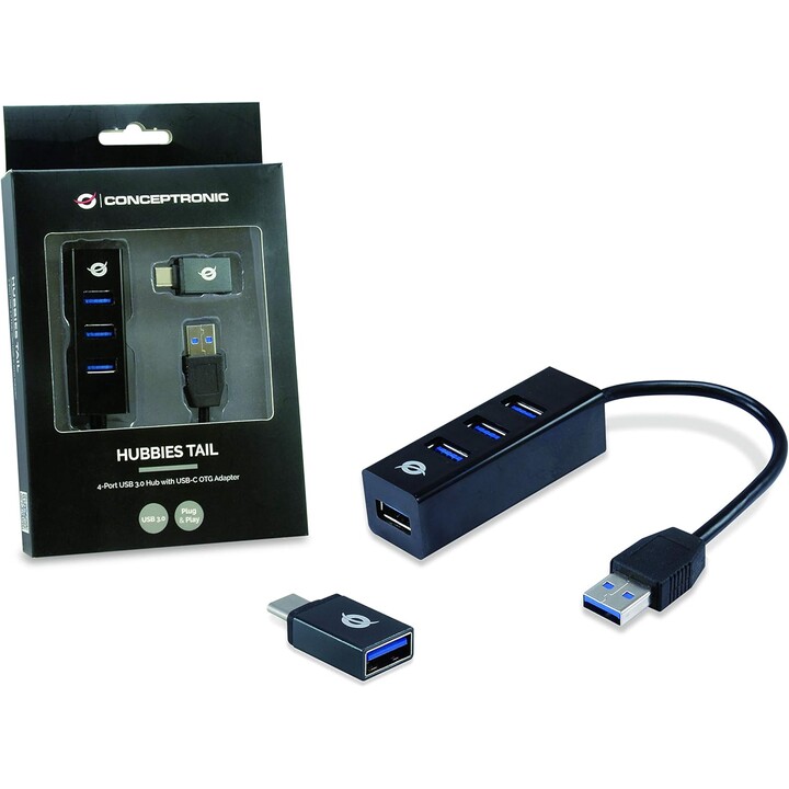 Hub conceptronic usb 4 puertos usb 3.0 + adaptador usb-c black