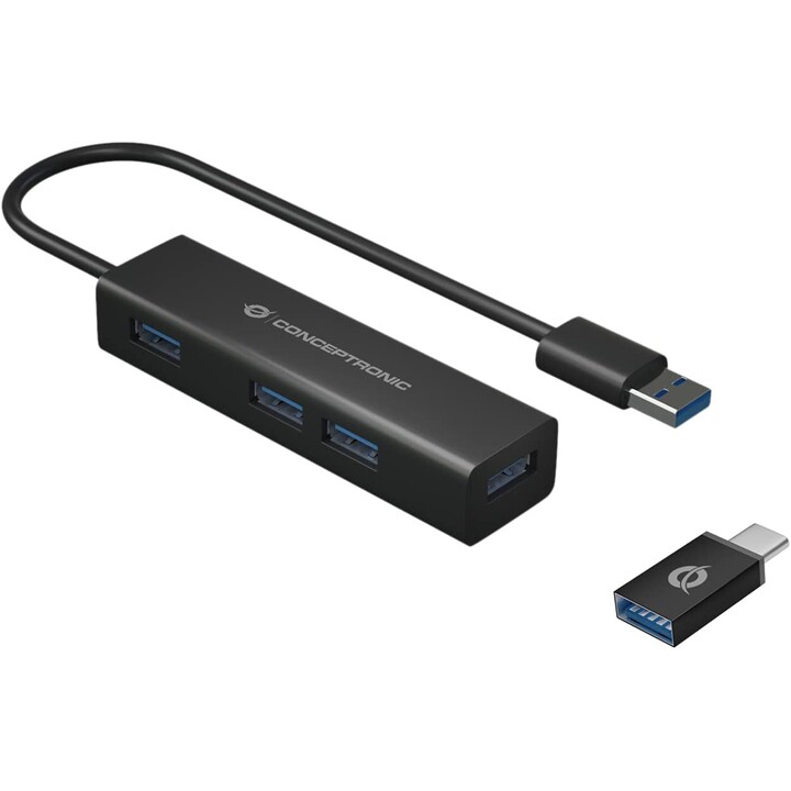 Hub conceptronic usb 4 puertos usb 3.0 black + adap usb-c