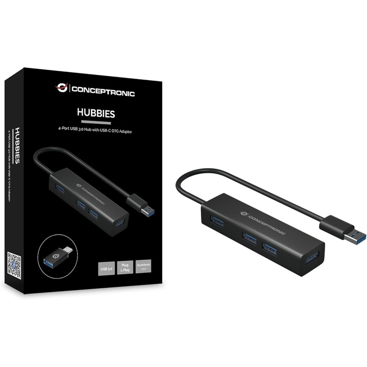 Hub conceptronic usb 4 puertos usb 3.0 black + adap usb-c