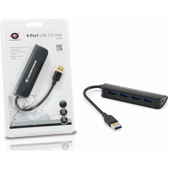 Conceptronic usb hub 4 ports usb 3.0 pocked black
