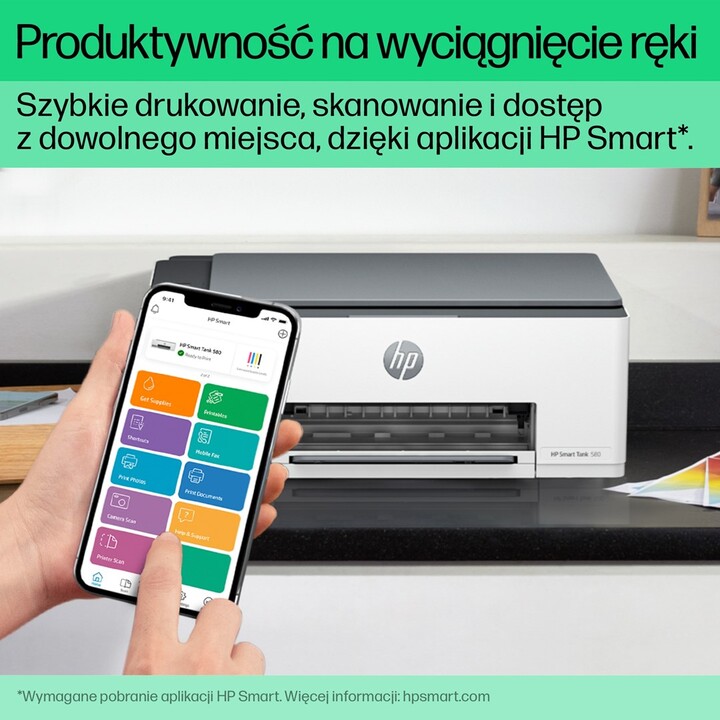 HP Smart Tank 580 All-in-One Printer, Home and home office, Print, copy, scan, Wireless; High-volume printer tank; Print from ph