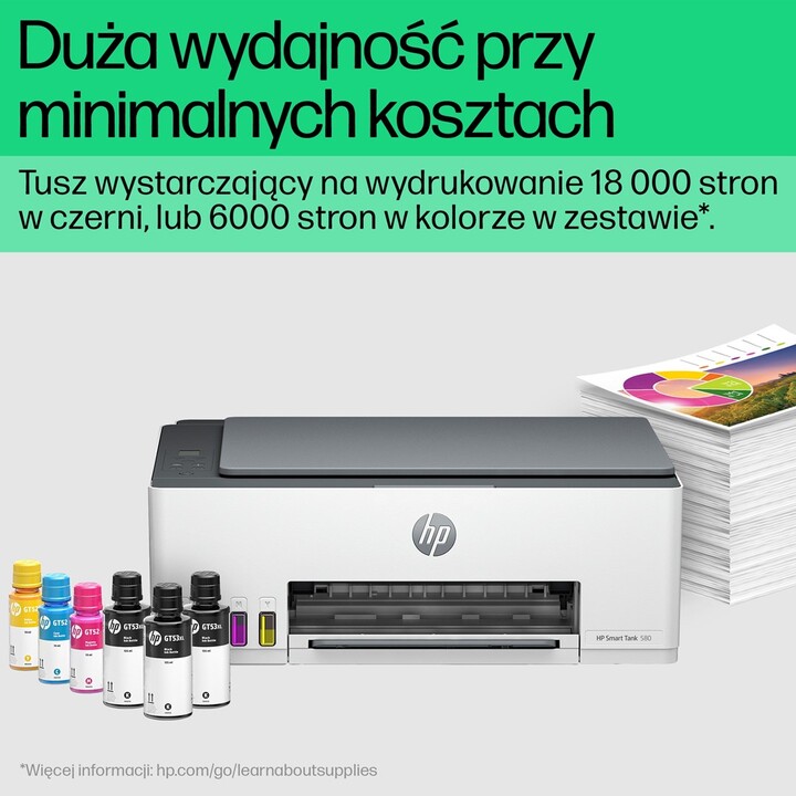 HP Smart Tank 580 All-in-One Printer, Home and home office, Print, copy, scan, Wireless; High-volume printer tank; Print from ph