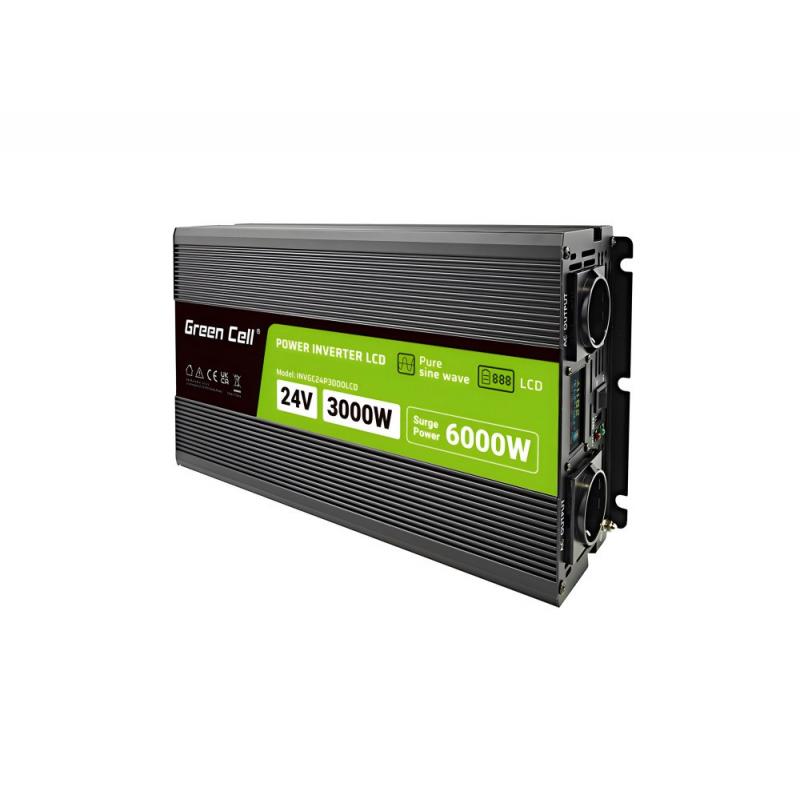 Green Cell Przetwornica napicia PowerInverter LCD 24 V 3000W/60000W Przetwornica samochodowa z wywietlaczem - czysty sinus adapt