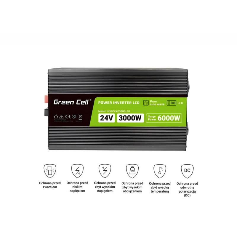 Green Cell Przetwornica napicia PowerInverter LCD 24 V 3000W/60000W Przetwornica samochodowa z wywietlaczem - czysty sinus adapt