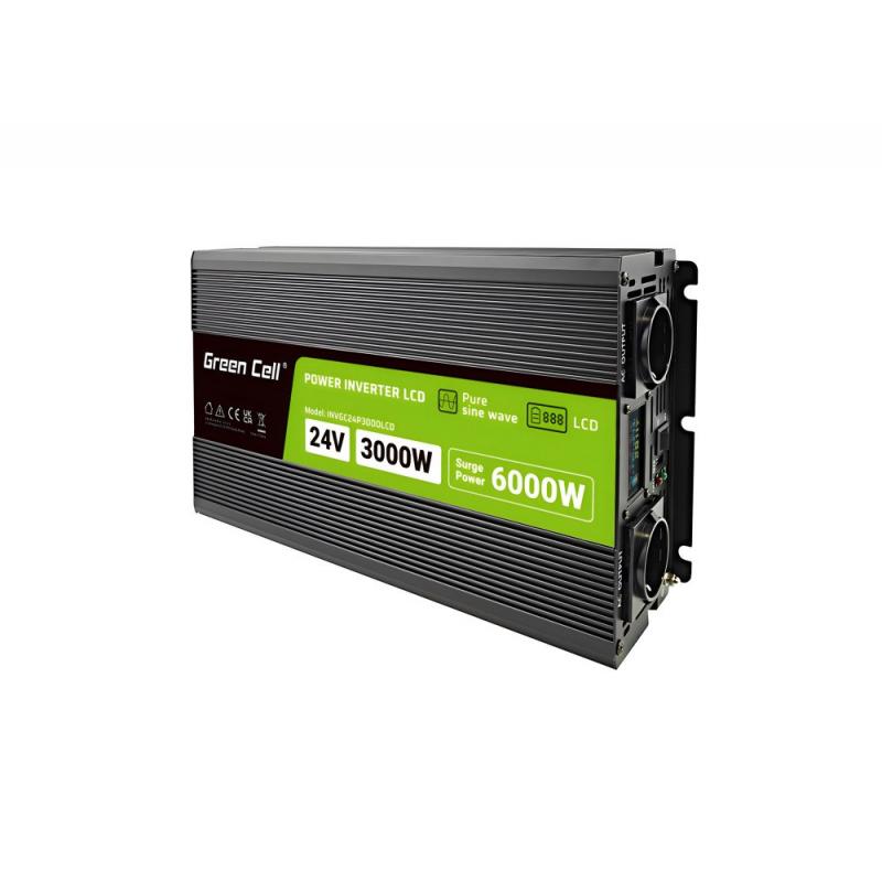 Green Cell Przetwornica napicia PowerInverter LCD 24 V 3000W/60000W Przetwornica samochodowa z wywietlaczem - czysty sinus adapt