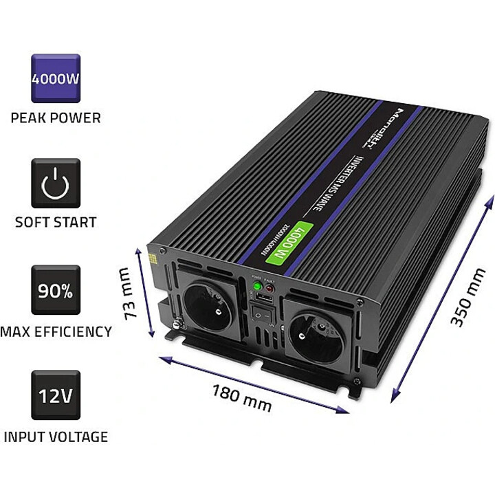 Qoltec Monolith Convertidor de voltaje de onda 4000 MS 12V a 230V 2000/4000W USB