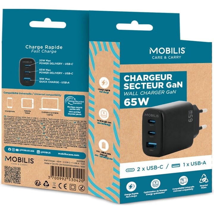 Caricatore da muro - 65w - 1 usb-a usb-c