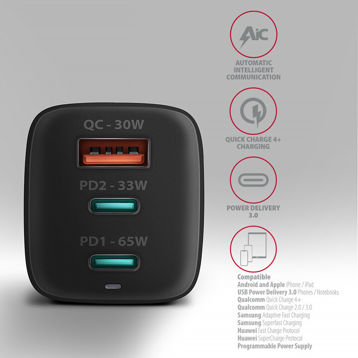 Carregador AXAGON ACU-DPQ65, 2x USB-C, 1x USB-A, PD3.0/QC4+/PPS, 65W - preto