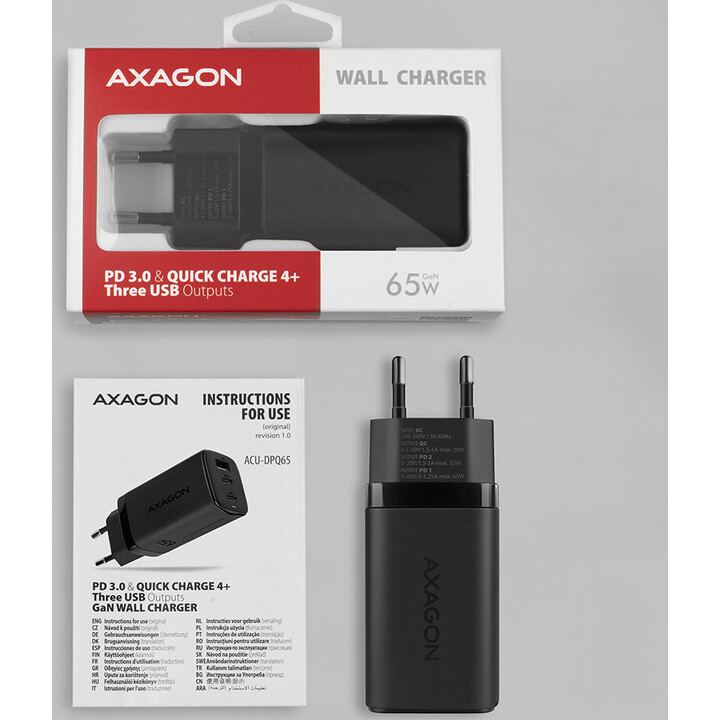AXAGON ACU-DPQ65 Charger, 2x USB-C, 1x USB-A, PD3.0/QC4+/PPS, 65W - black