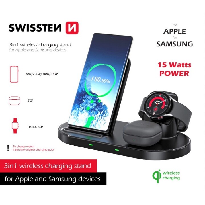 Wireless Charger 3 in 1 Stand Black for Apple and Samsung