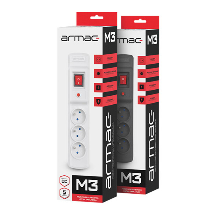 Armac Multi M3 schützende Steckdosenleiste, 3 Steckdosen, 5 m Kabel, grau