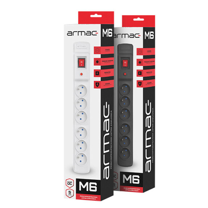 Armac Multi M6 schützende Steckdosenleiste, 6 Steckdosen, 5 m Kabel, schwarz