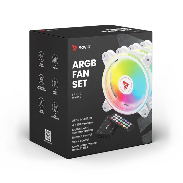 SAVIO FAN-01 WHITE 120 mm ARGB fan in a pack of 4 units that includes controller and remote control