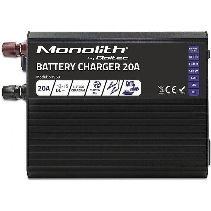 Qoltec Monolith Smart BatterieladegerätfürLiFePO4 AGM GEL SLA-Batterien | 20A | 12V