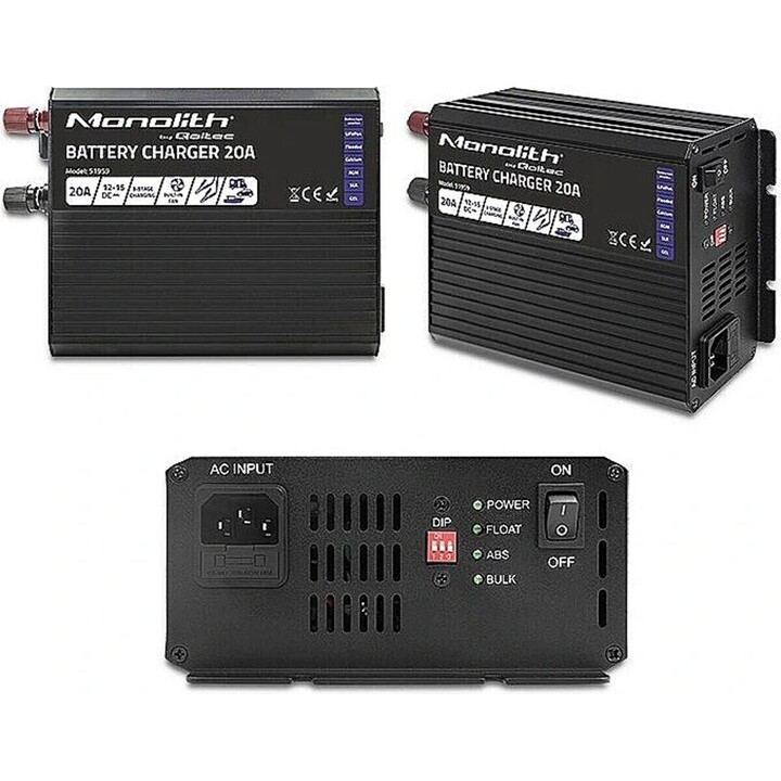 Qoltec Monolith Smart Battery Charger for LiFePO4 AGM GEL SLA Batteries | 20A | 12V