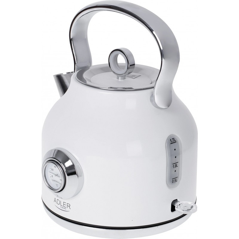 Adler | Wasserkocher mit Thermomete | 1346w n. Chr. | Elektrisch | 2200W | 1,7L | Edelstahl | 360° drehbare Basis | Weiß