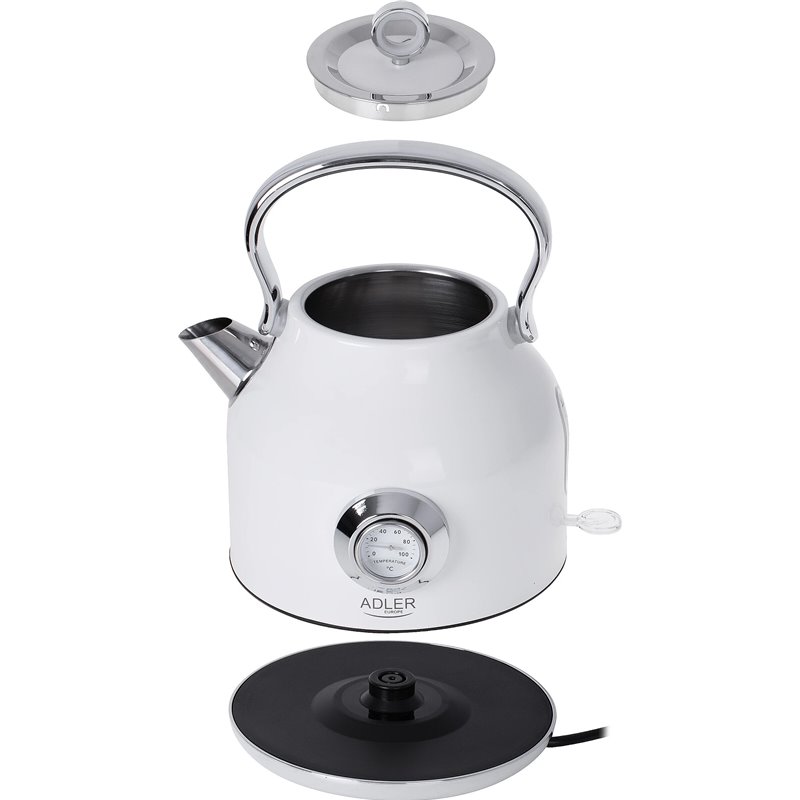 Adler | Wasserkocher mit Thermomete | 1346w n. Chr. | Elektrisch | 2200W | 1,7L | Edelstahl | 360° drehbare Basis | Weiß