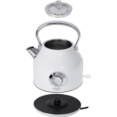 Adler | Wasserkocher mit Thermomete | 1346w n. Chr. | Elektrisch | 2200W | 1,7L | Edelstahl | 360° drehbare Basis | Weiß