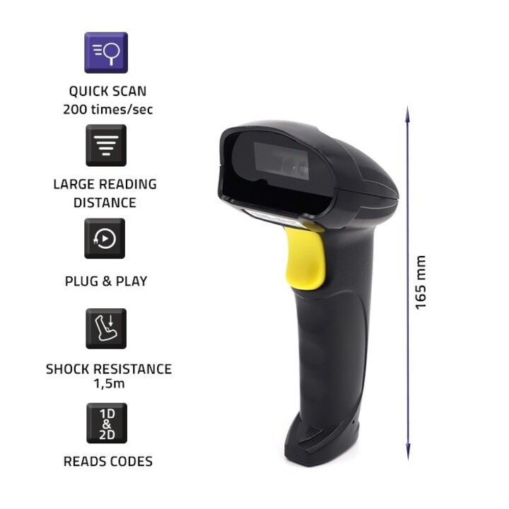 Leitor de código de barras a laser Qoltec 50853 1D | 2D | Preto