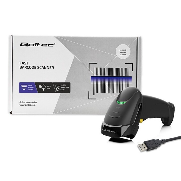 Qoltec 50853 1D Laser Barcode Scanner | 2D | Black