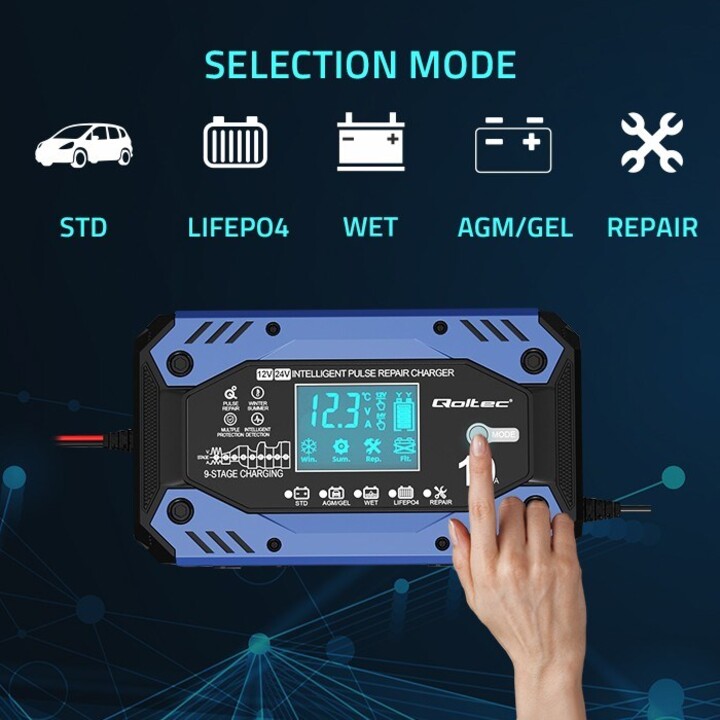 Qoltec 52482 Intelligentes LadegerätfürSTD AGM GEL LiFePO4 | Batterieladegerät mit Reparaturfunktion |12-24V |10A | LCD | 9-st